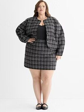 NWT Ashley Graham Plaid Tweed Boucle Jacket Black White Size 16W Plus Size